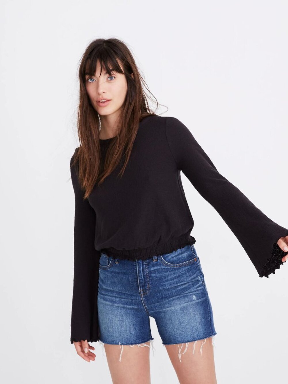 EUC Madewell Black Lightweight Smocked Bell Sleeve Top Size Medium